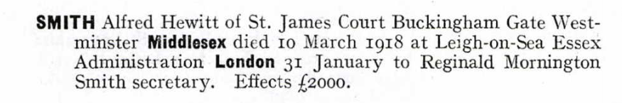 Probate calendar entry for Alfred Hewitt Smith, granted 31 January 1919